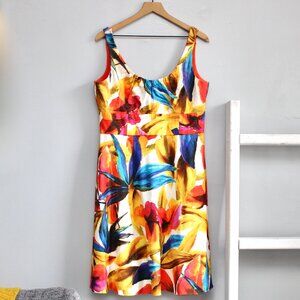 Evan Picone Blue Yellow Tropical Floral A-Line Sleeveless Midi Dress Size 14